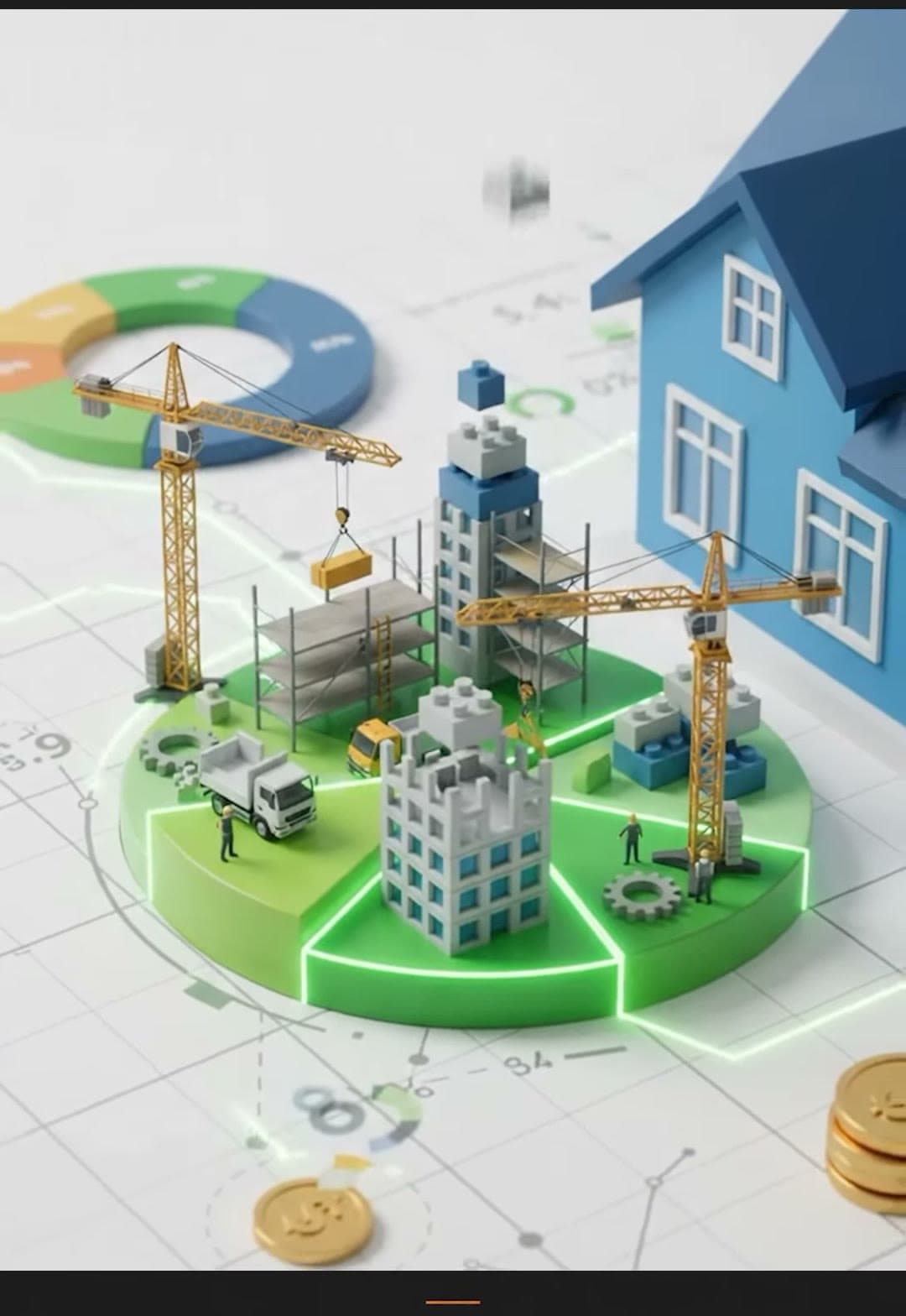 Illustration of a budget pie chart with a house under construction
