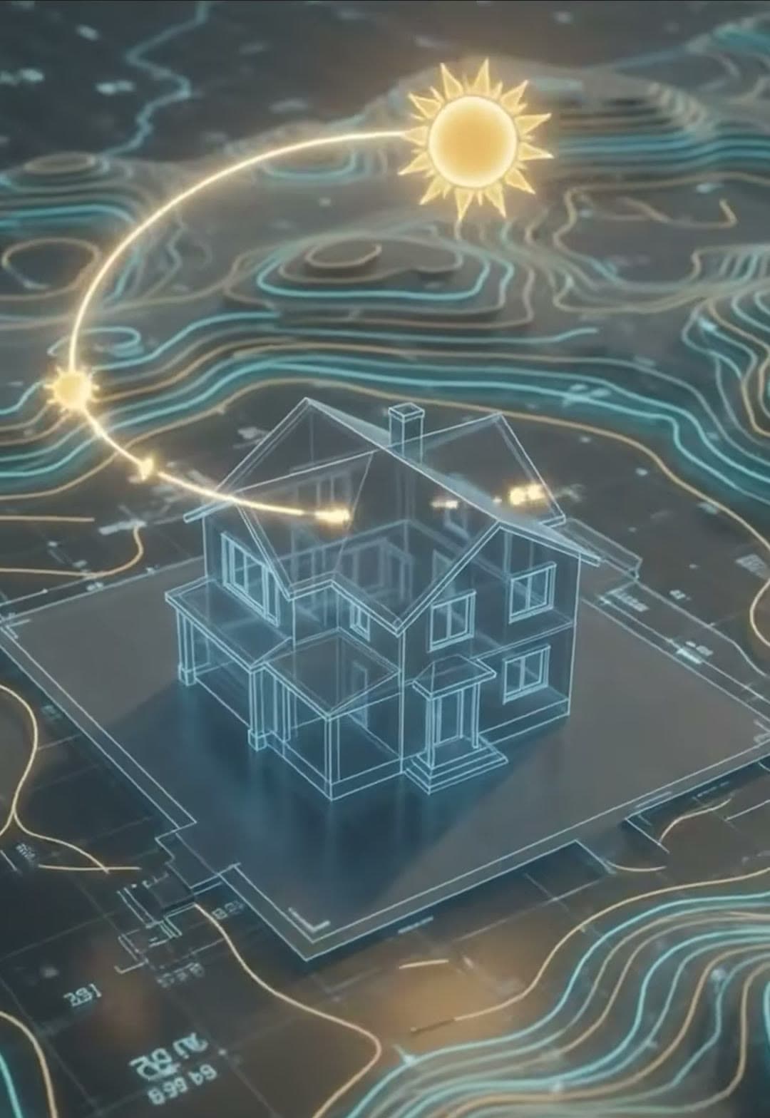 Illustration of the sun's path traced over a house on a site plan
