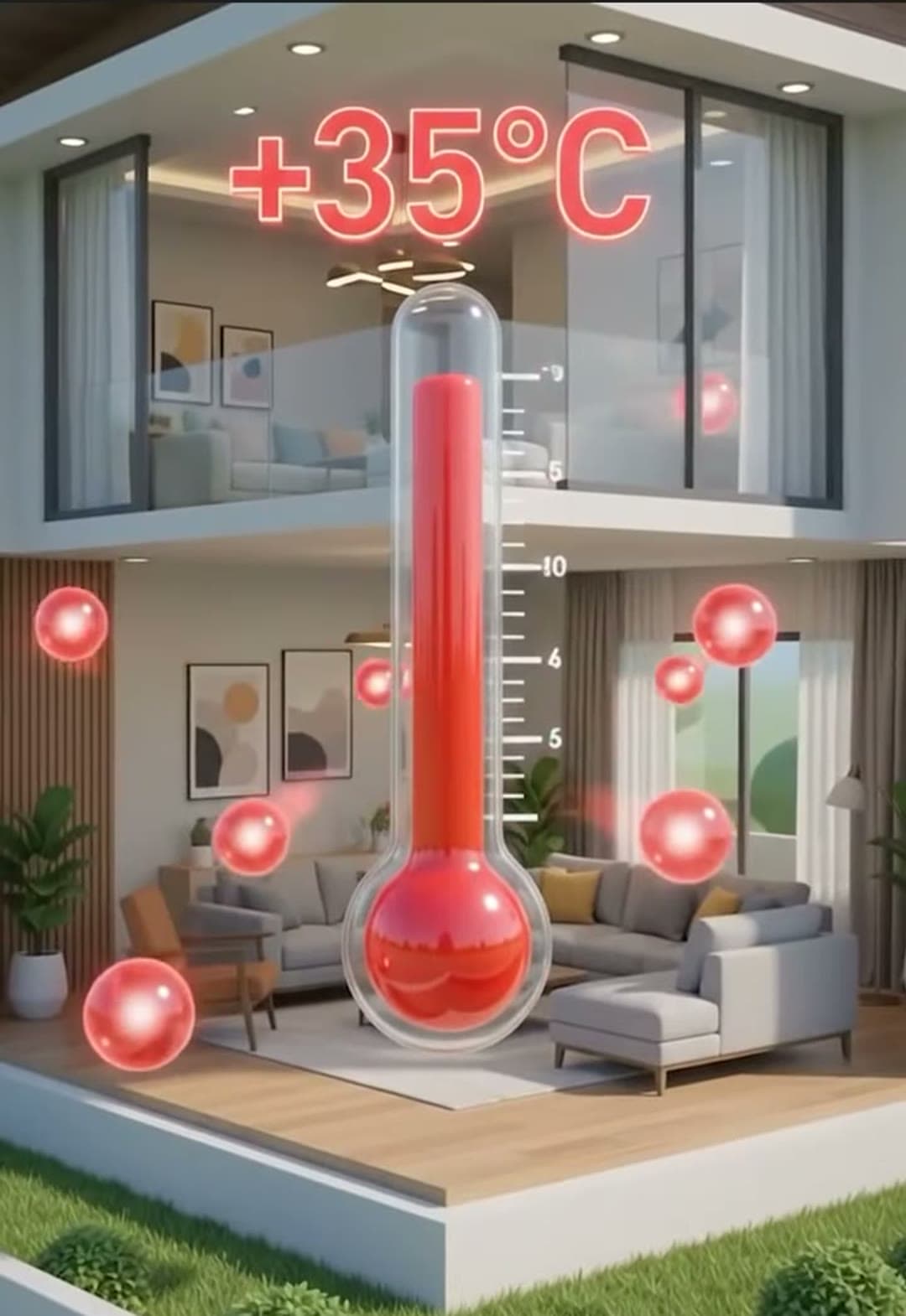 Illustration of a house interior with a thermometer reading 35°C