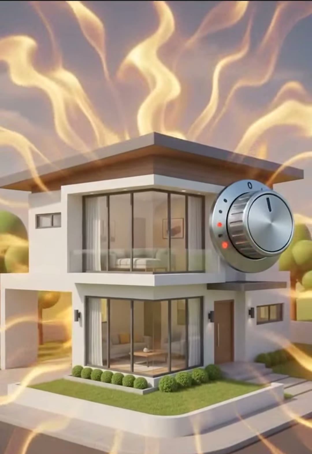 A modern house surrounded by heat waves, with a thermostat dial turned up